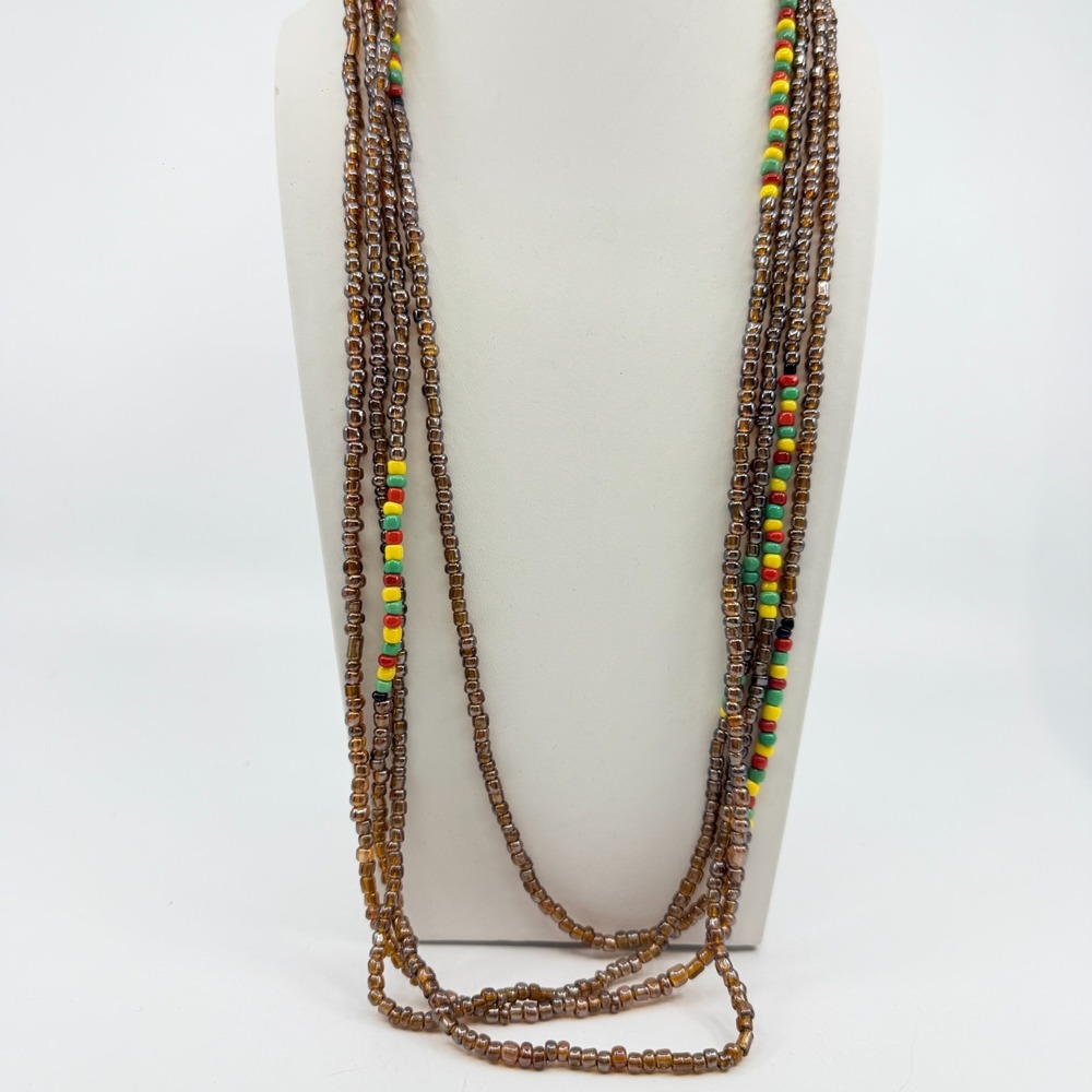 Vintage Y2K Multi Strand Brown Seed Bead Necklace‎ Rasta Color Accents Boho